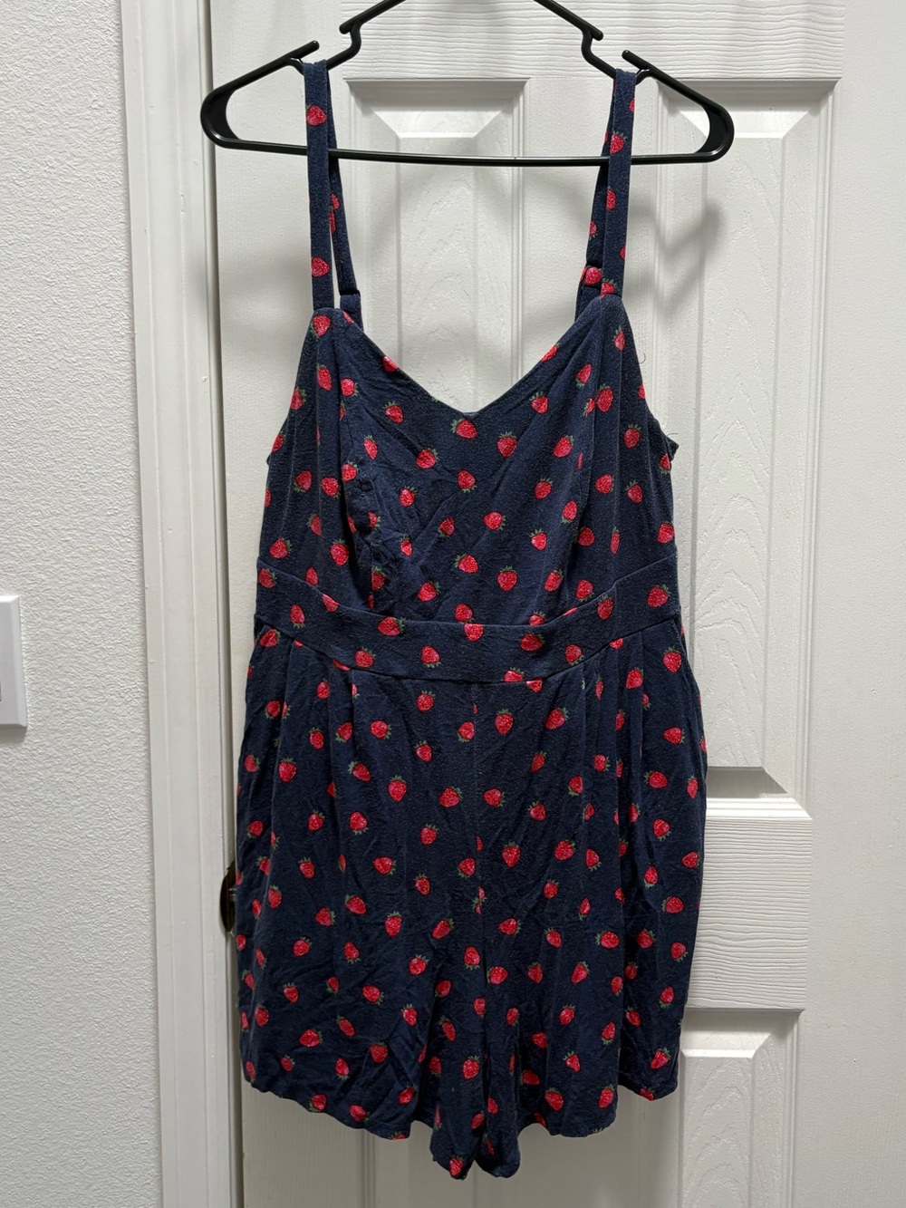 Torrid Super Soft Navy Blue Romper with Red Strawberry Print